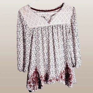 Embroidered Maroon, White, and Grey Floral 3/4 Sleeve Flowy Bohemian Chic Blouse